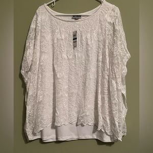 NWT- JM Collection White Blouse with lace overlay scoop neck XL